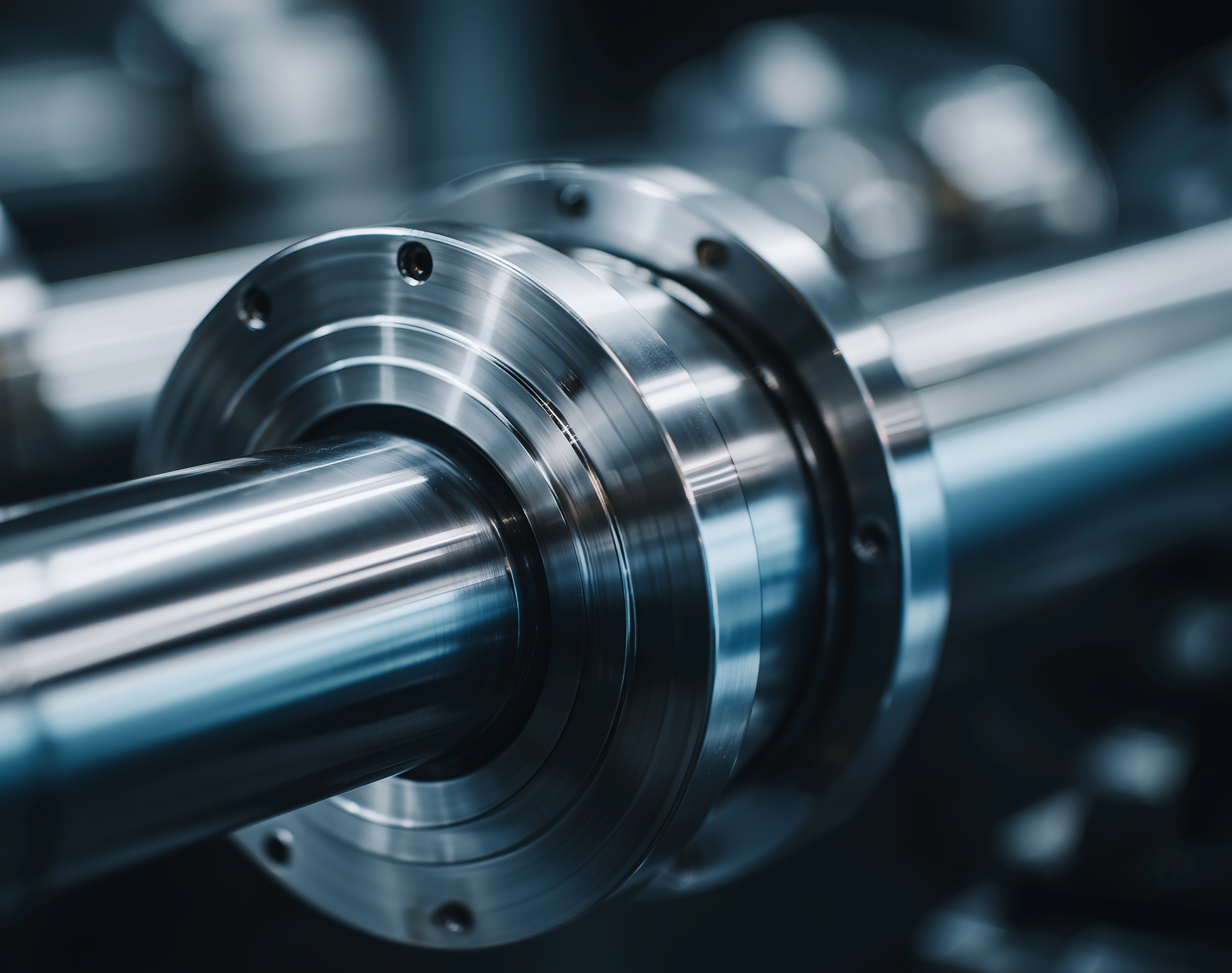 Close-up of a precision-machined steel shaft and flange